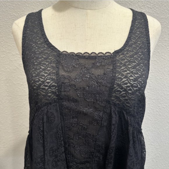 Free People Small‎ Black Sleeveless Blouse Lace Ruffles Stretch Sheer Tank Top - Picture 4 of 10